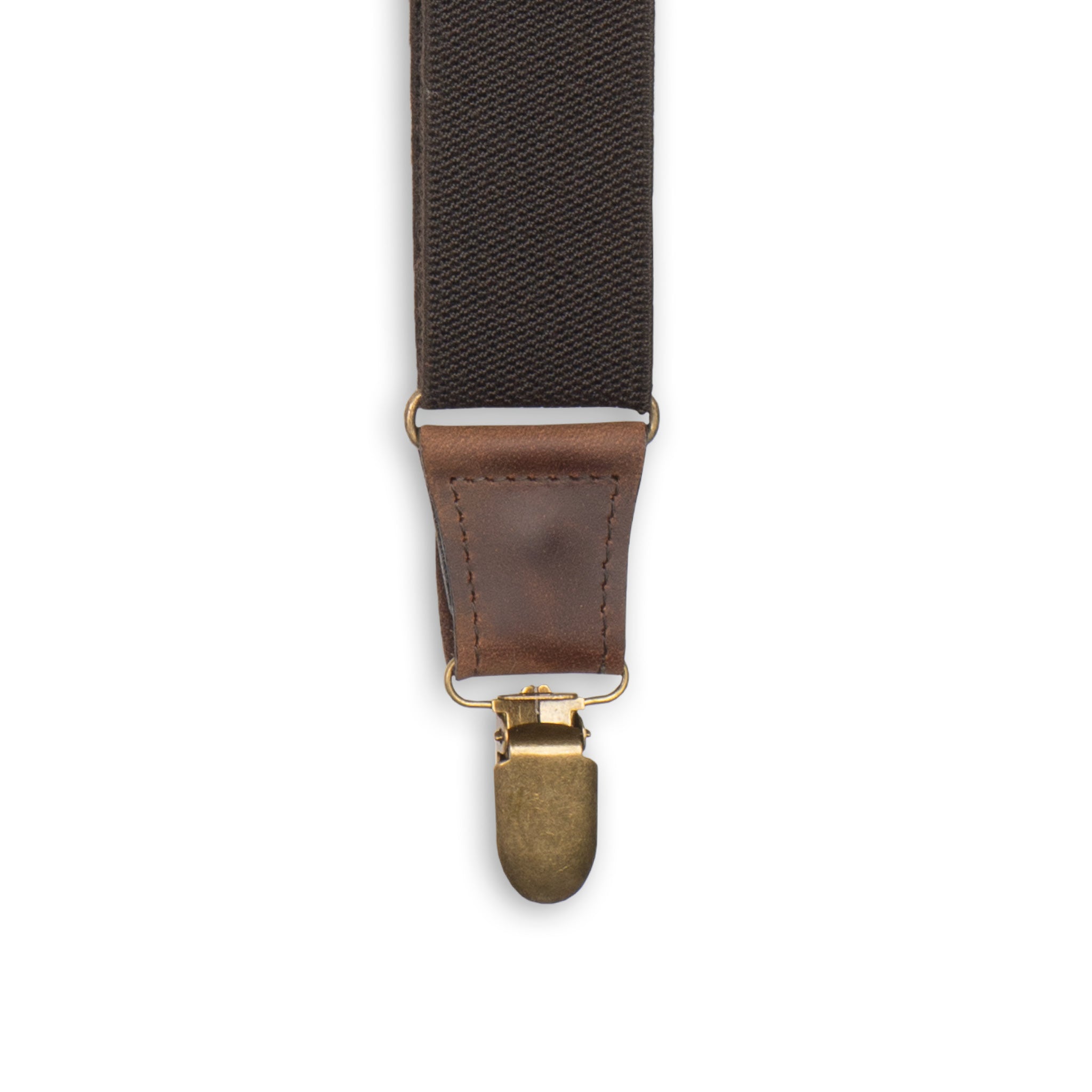 Close-up of Brass Metal Clip with Dark Brown Authentic Nubuck Leather connector on Wiseguy Charger Suspenders.