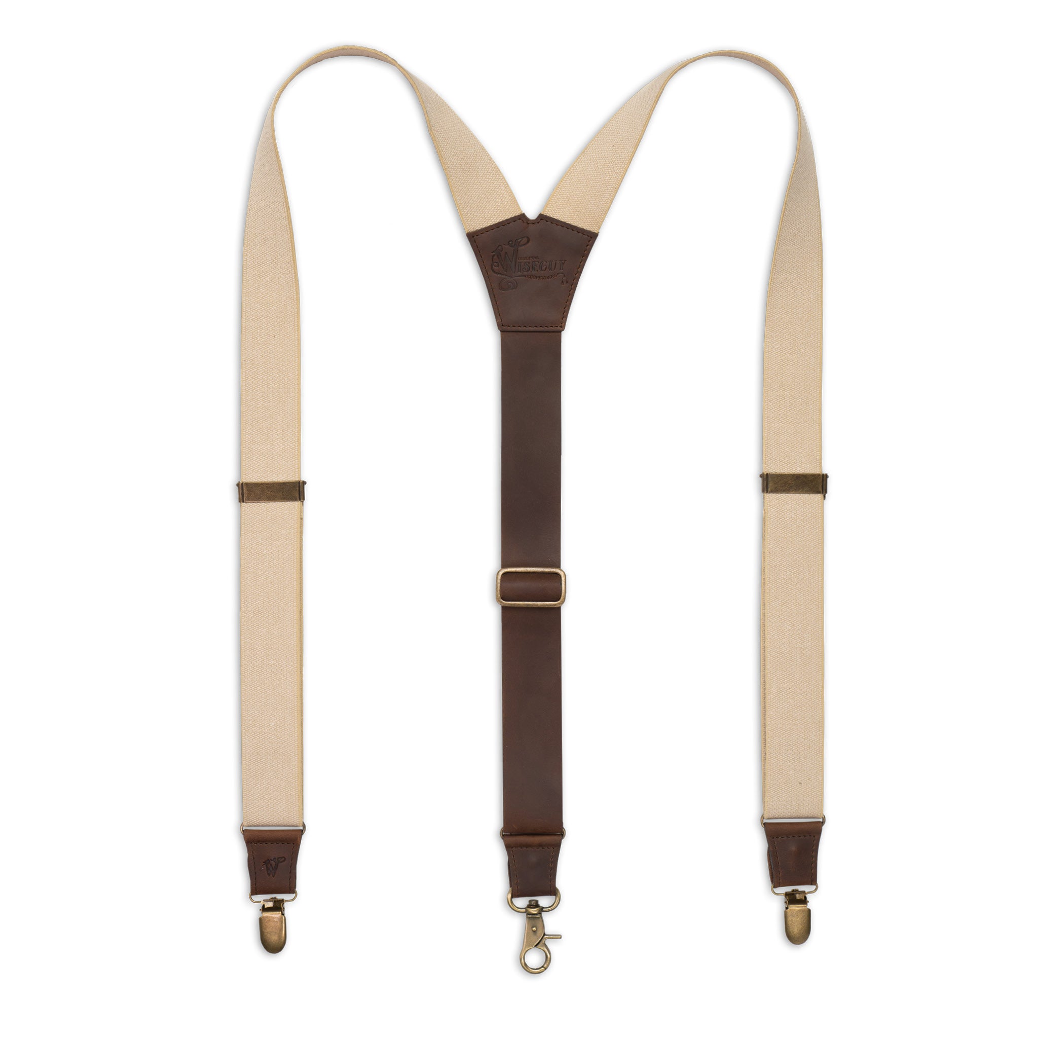Flat lay of Beige Wiseguy Charger Suspenders with Dark Brown Authentic Nubuck Leather and European Elastic Webbing Straps, Brass Metal hardware and Y-back Design.