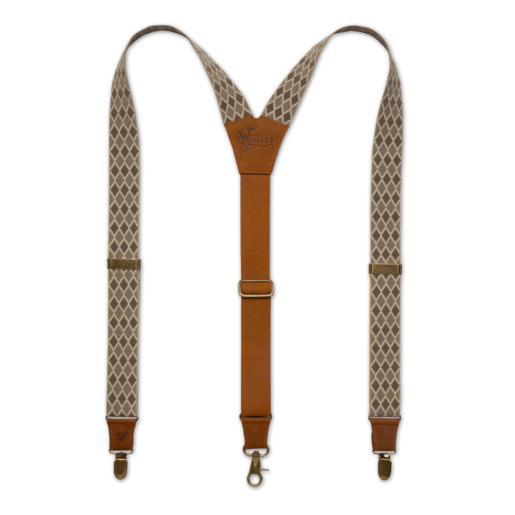 Flat lay of Wiseguy Charger Suspenders with European elastic webbing in Diamond design in the color Camel Brown, Authentic Nubuck leather straps, Metal parts in the color Brass and a Y-back design.