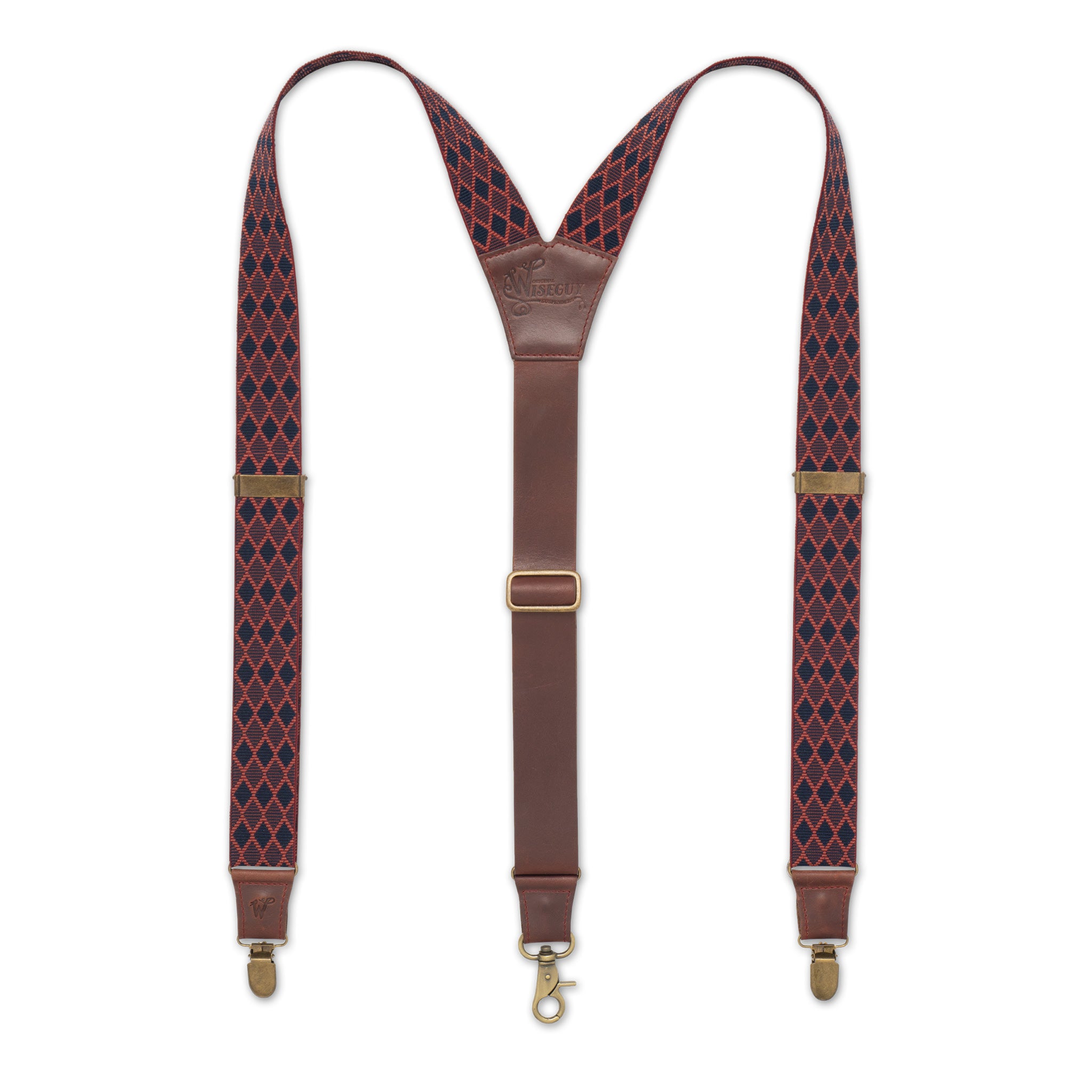 Flat lay of Burgundy Oxblood Wiseguy Charger Suspenders with European elastic webbing in a diamond design, Authentic Nubuck leather straps, Metal parts in the color Brass and a Y-back design.