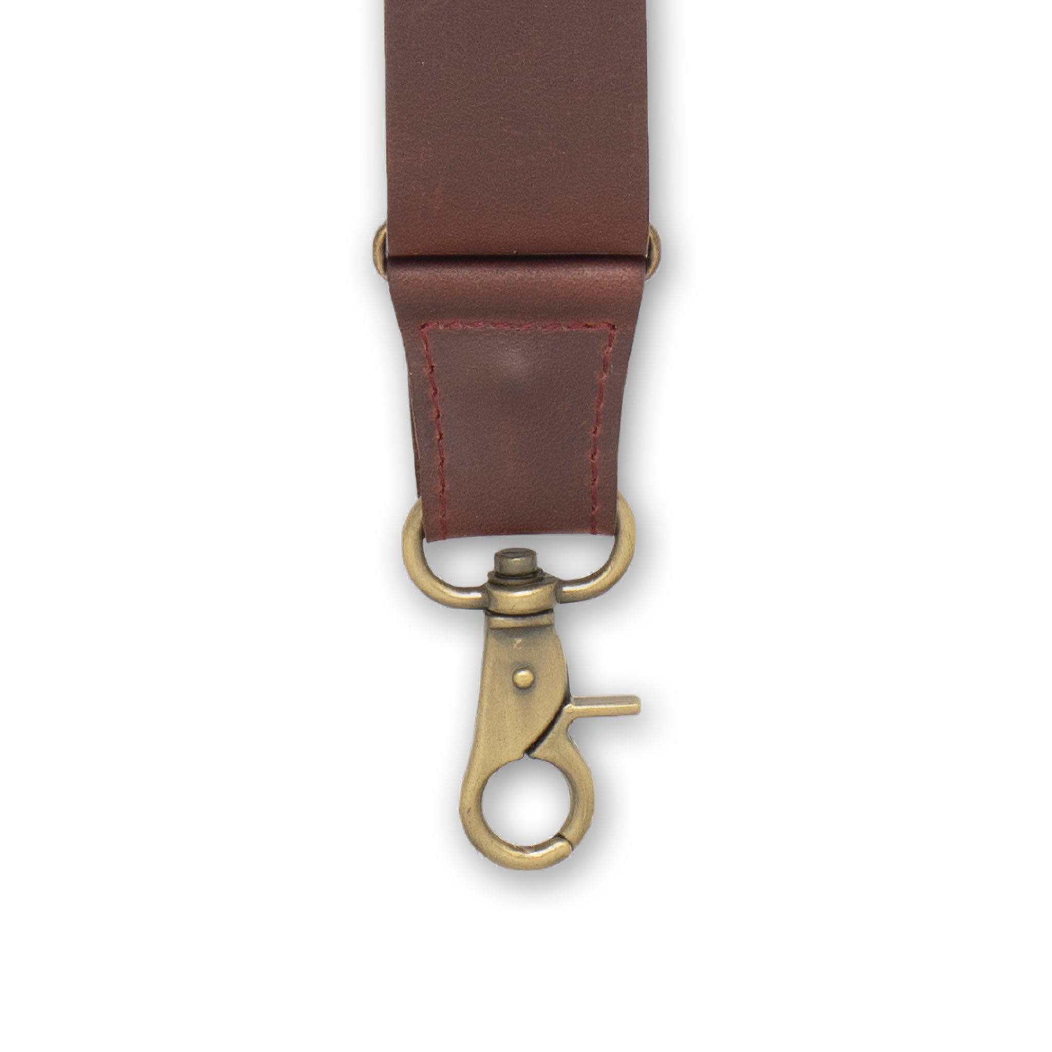Close-up of Brass Metal Clip with a Burgundy Authentic Nubuck Leather Connector on Wiseguy Charger Suspenders