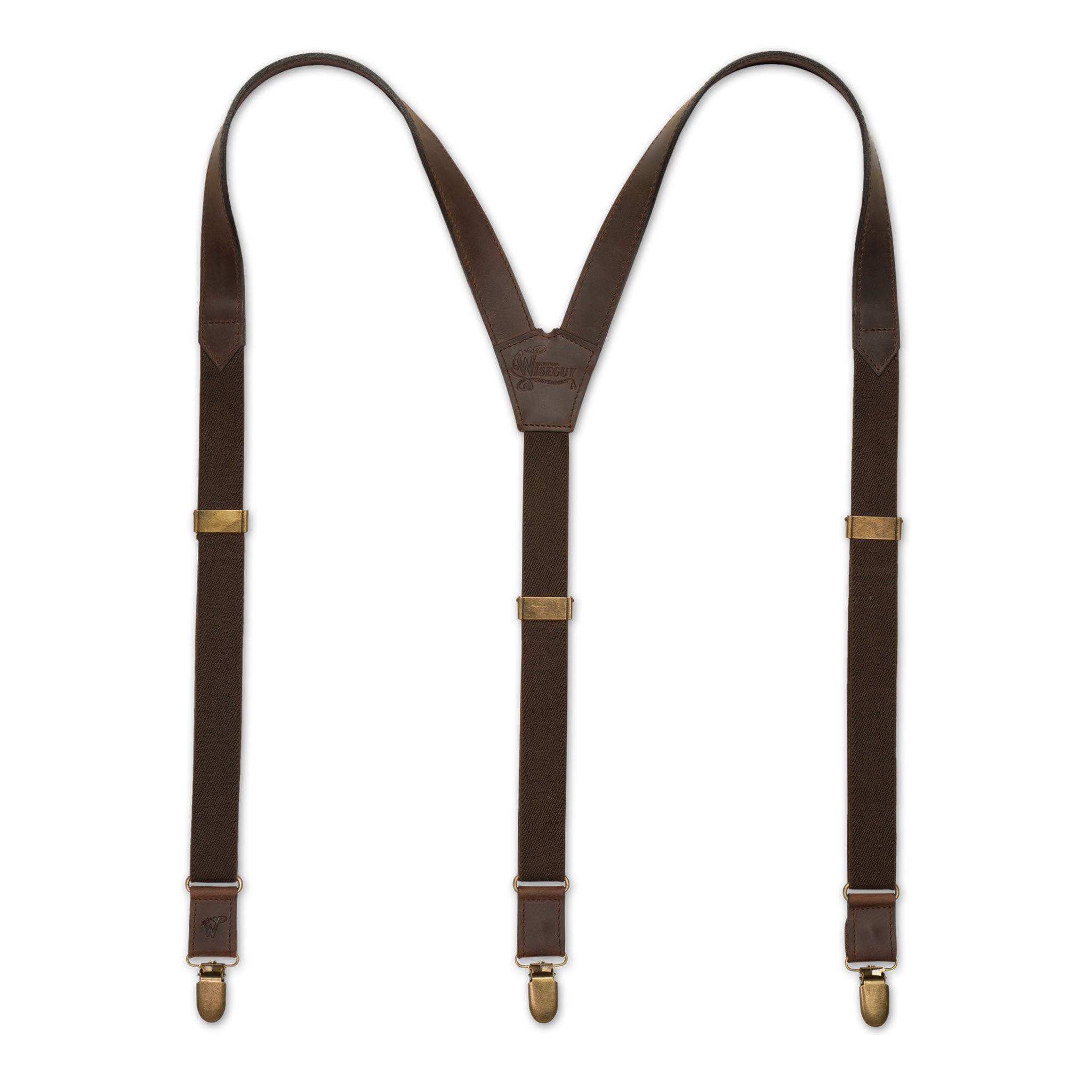 Flat lay of Dark Brown Wiseguy Associate Flex Suspenders with Dark Brown Authentic Nubuck Leather Parts, European Elastic Webbing straps, Brass metal hardware and Y-back design.