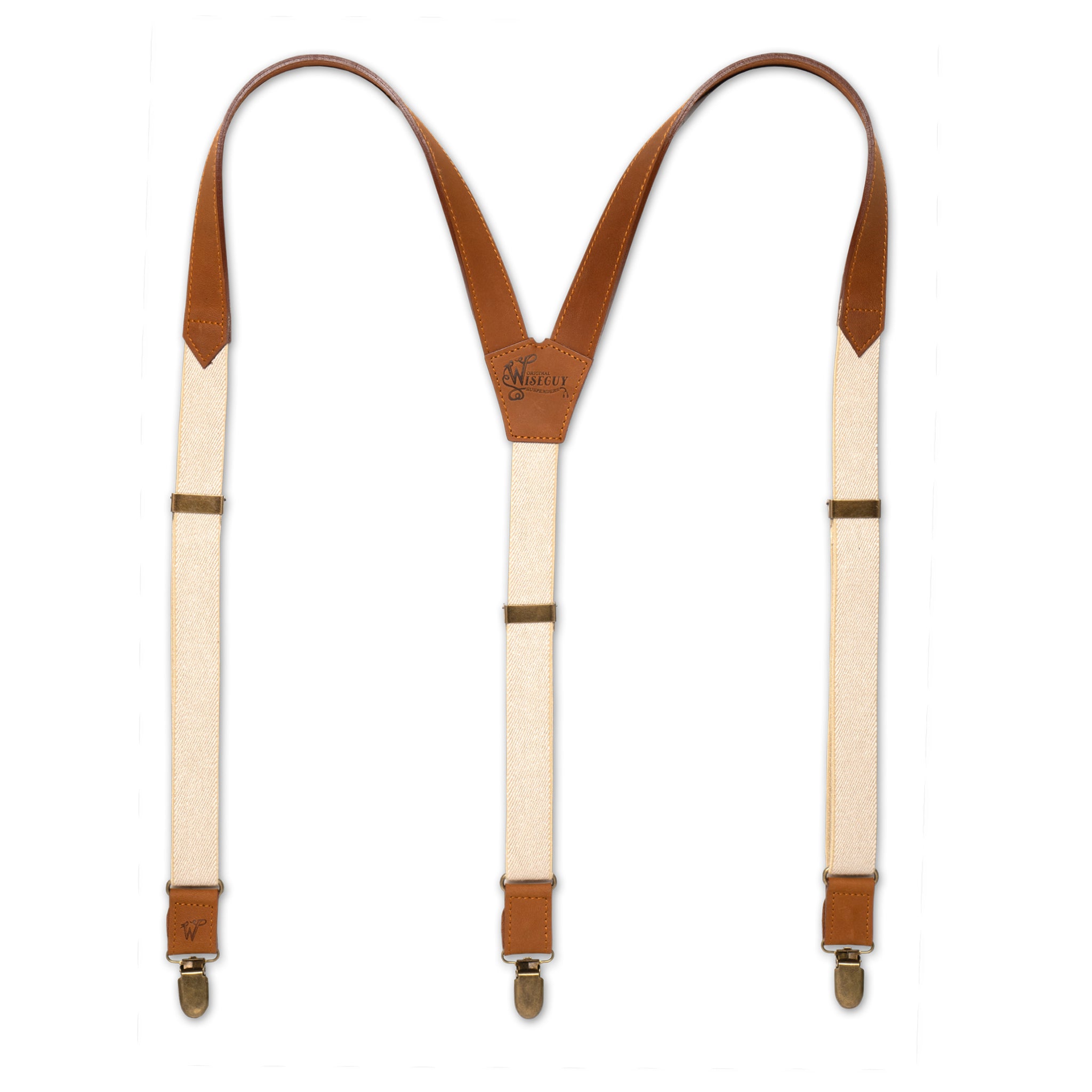 Flat lay of Beige Wiseguy Associate Flexsuspenders with Camel Brown Authentic Nubuck Leather Parts, European elastic webbing straps, brass metal hardware and a Y-back design.