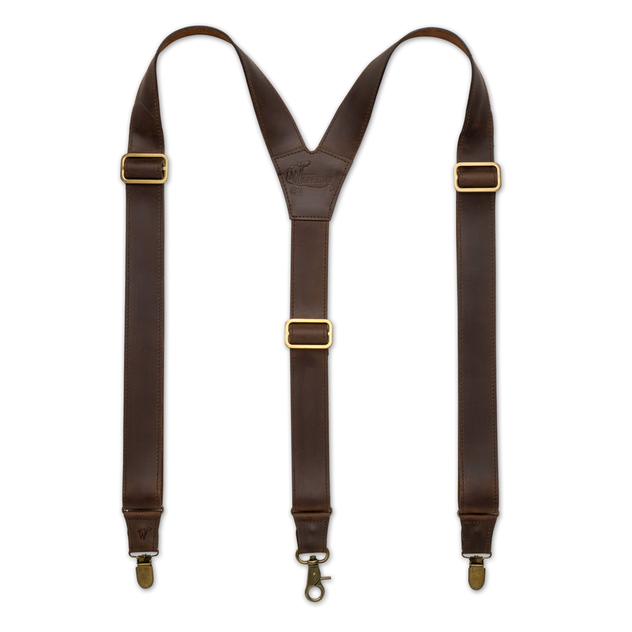 Flat lay of Dark Brown Wiseguy Billy the Kid Suspenders with Authentic Nubuck Leather straps, Brass Metal Hardware and Y-back design