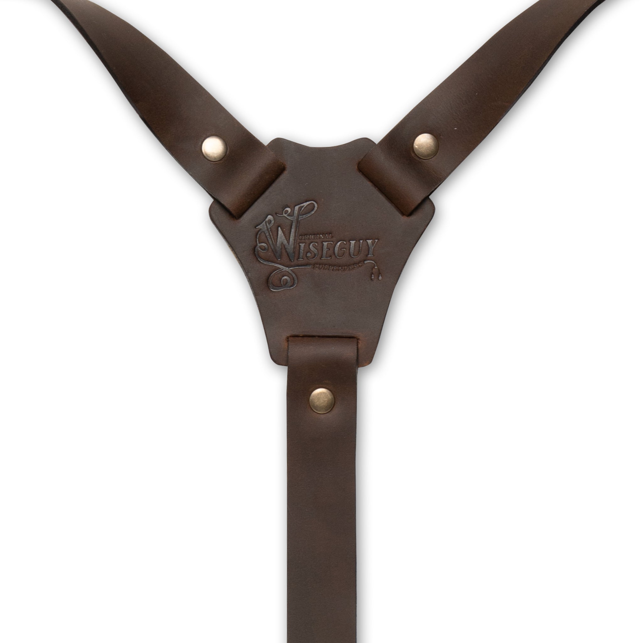 Back detail of Dark Brown Wiseguy Crazy Horse Suspenders with embossed logo on Authentic Nubuck leather Y-connector and Brass metal studs