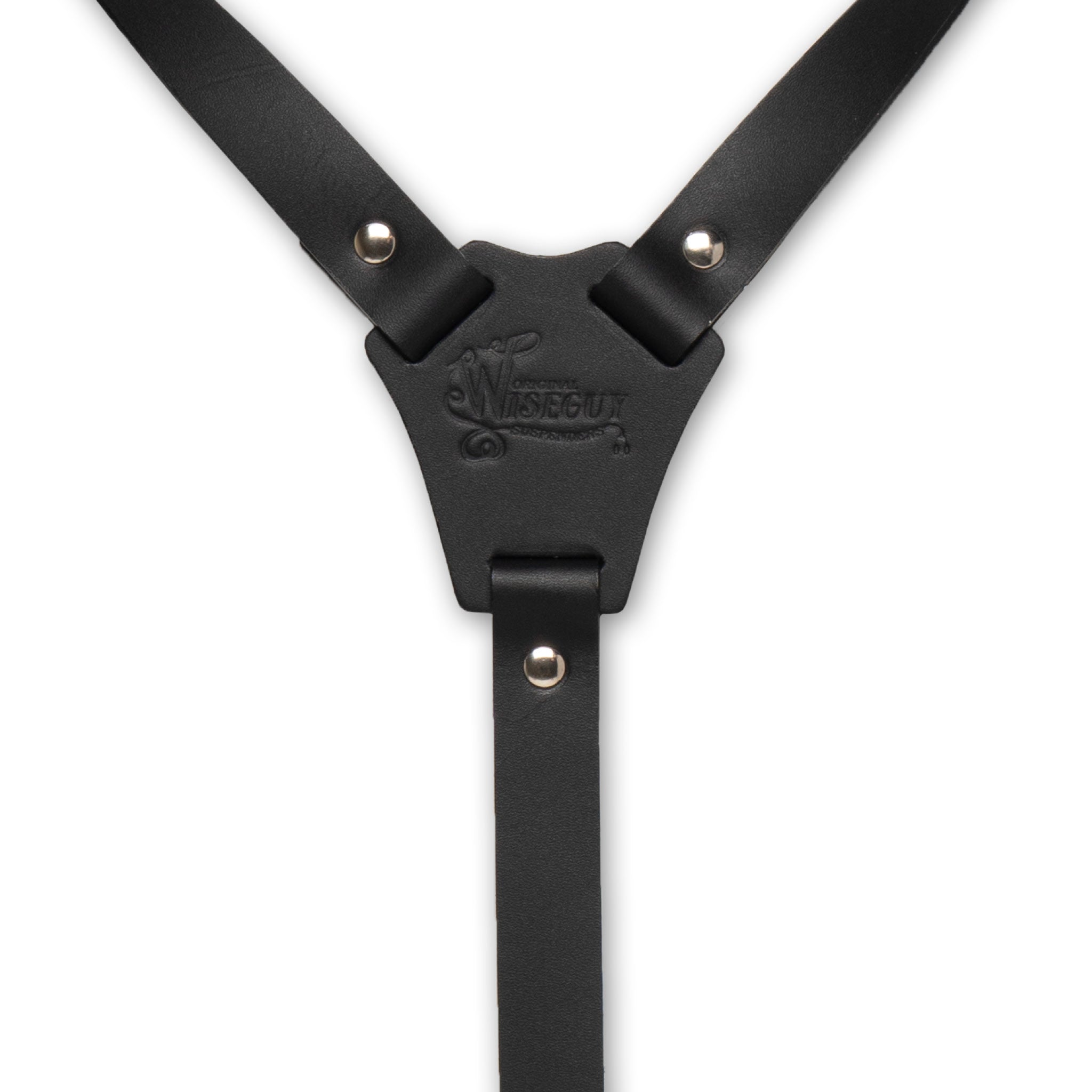 Back detail of Wiseguy Italian Job suspenders with embossed logo on Black Soft Italian Leather Y-connector and Metal parts in the color Silver.
