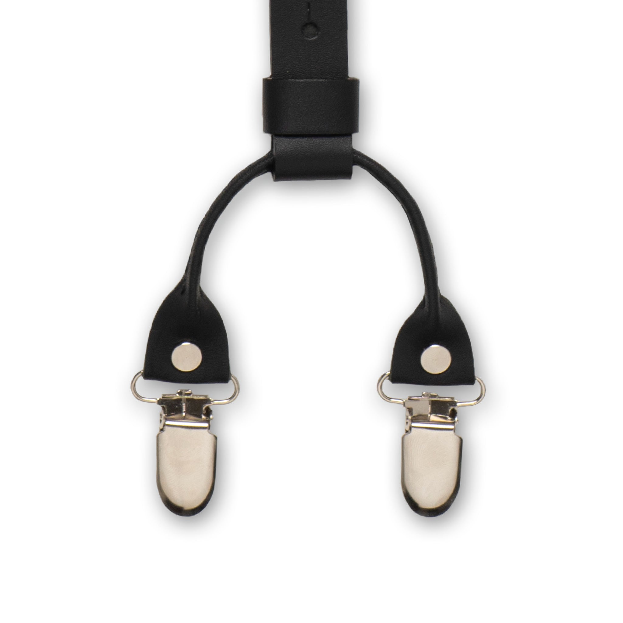 Close-up of Silver Metal Clips with a Black Soft Italian Leather Loop on Wiseguy Italian Job Suspenders
