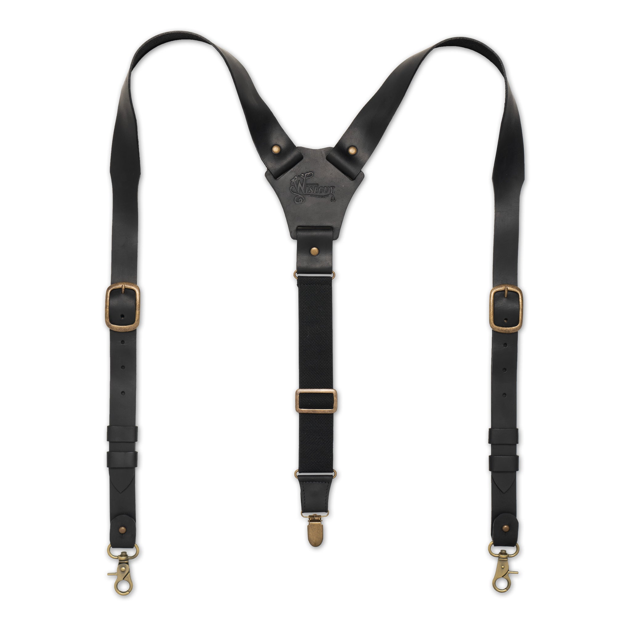 Flat lay of black Wiseguy Hershel suspenders with wide leather straps, brass clips, and Y-back design
