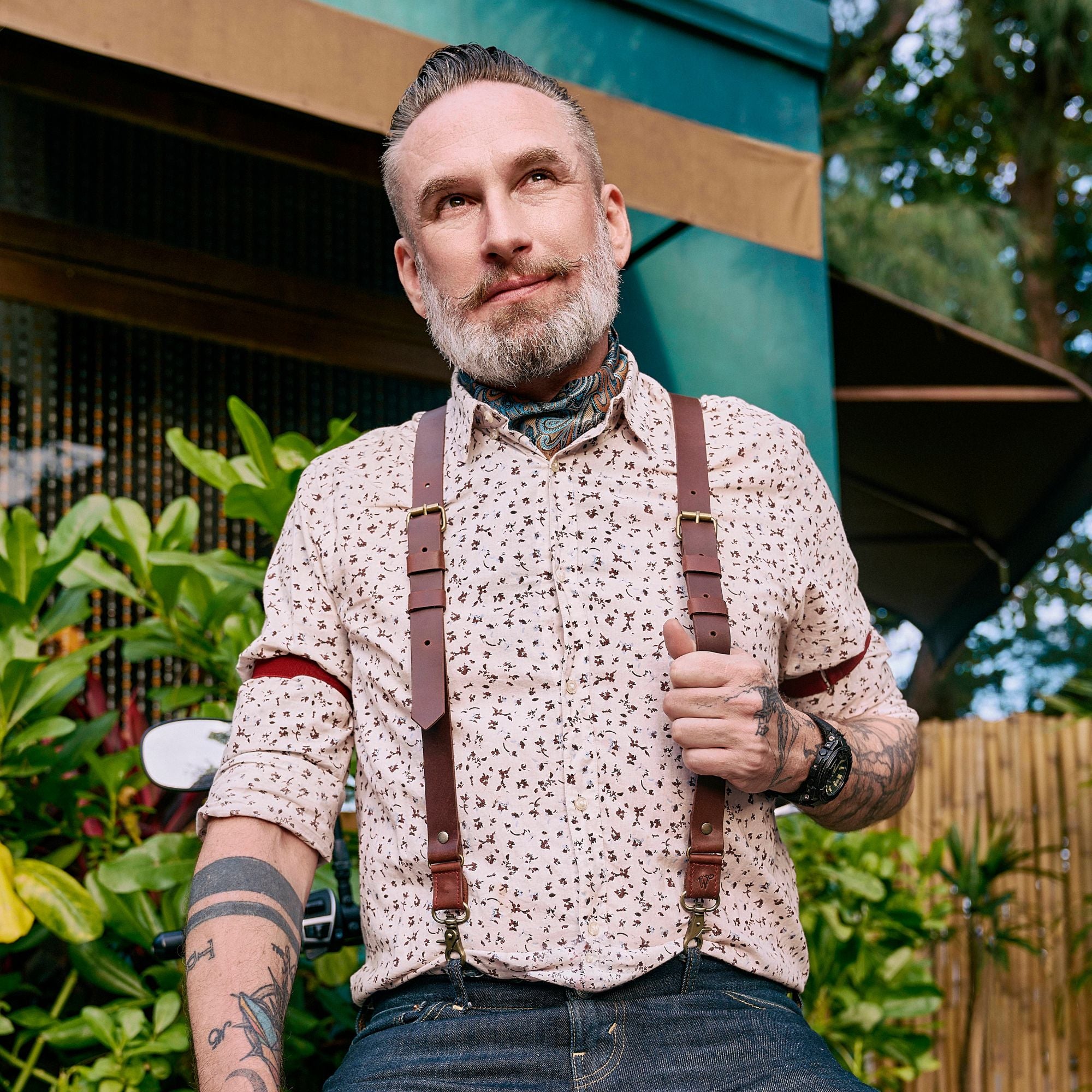 Man wearing Wiseguy Original Crazy Horse Buckle Burgundy Suspenders