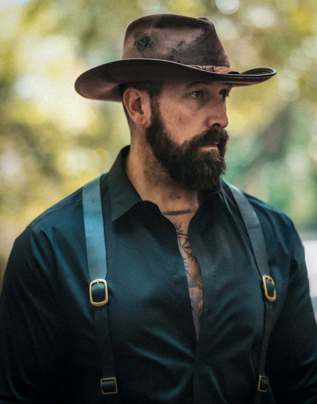 Man wearing Full Leather Wiseguy Original Suspenders with Brass Buckles 