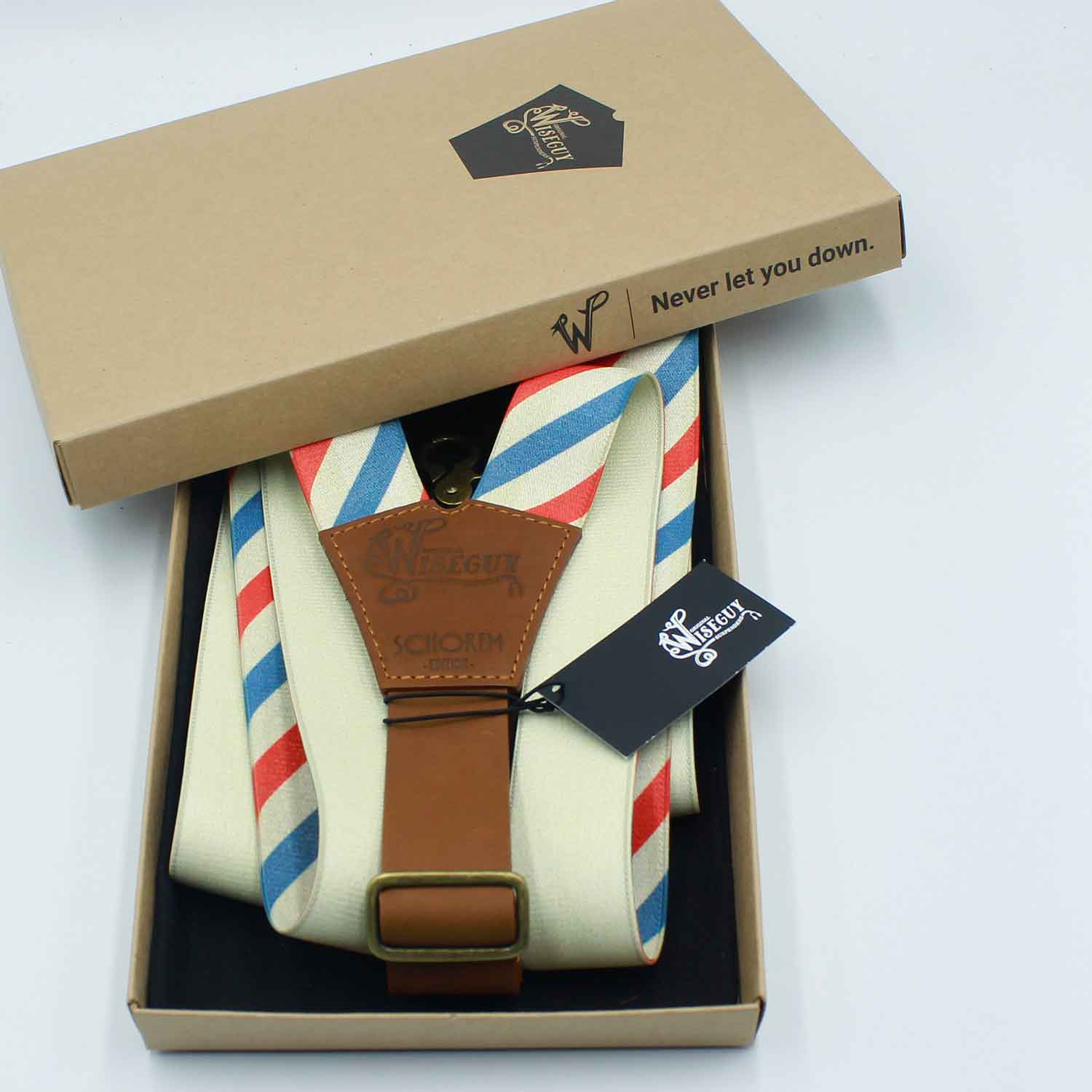 Charger Schorem Barber Striped with Camel Brown Leather Back Strap - Wiseguy Suspenders