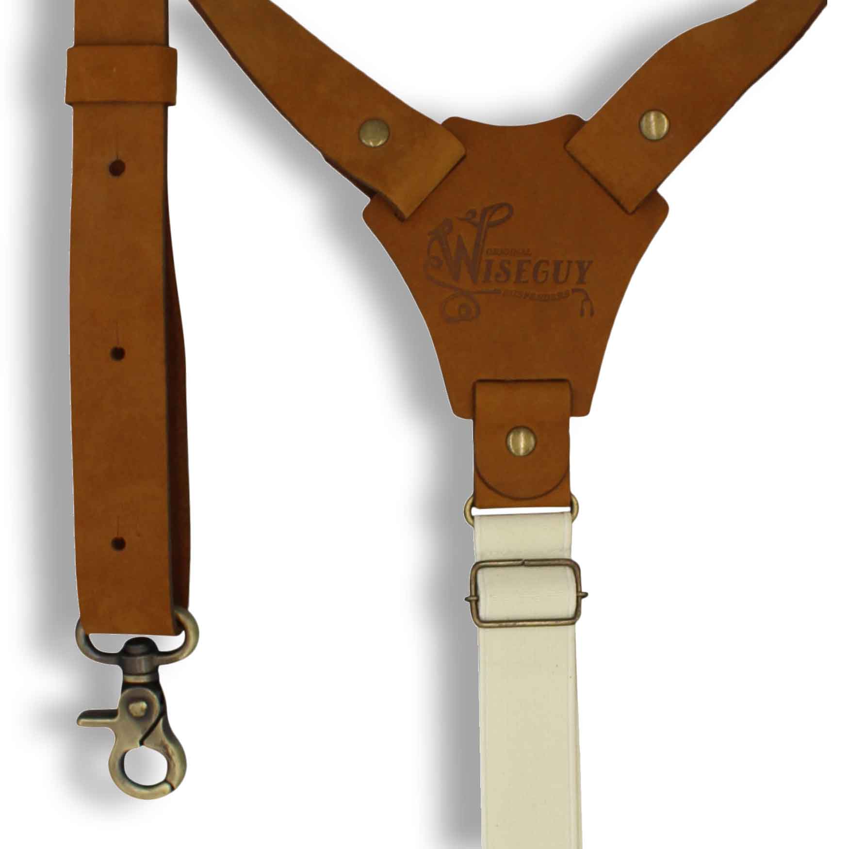 Flex Camel Brown Leather Braces with Elastic off-white Back Straps 1" - Wiseguy Suspenders